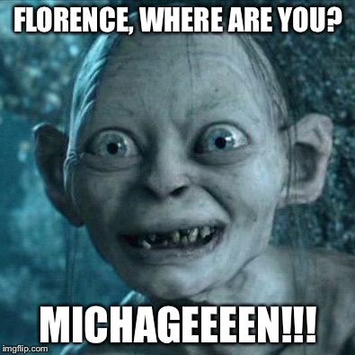 Gollum | FLORENCE, WHERE ARE YOU? MICHAGEEEEN!!! | image tagged in memes,gollum | made w/ Imgflip meme maker