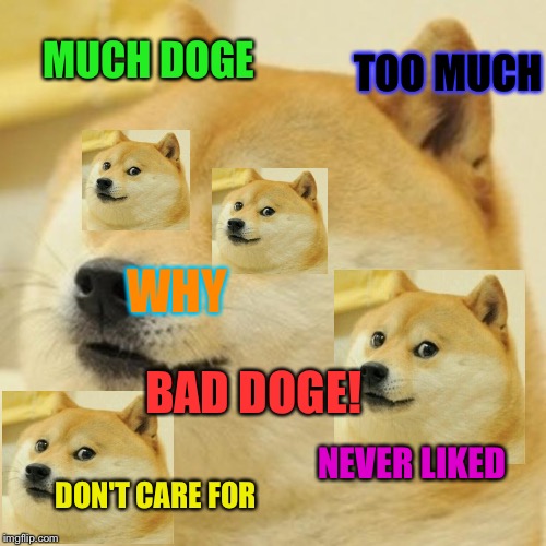 Bad doge | MUCH DOGE; TOO MUCH; WHY; BAD DOGE! NEVER LIKED; DON'T CARE FOR | image tagged in memes,doge,bad doge,dislike,doge fight,dead doge | made w/ Imgflip meme maker