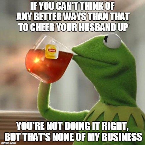 But That's None Of My Business Meme | IF YOU CAN'T THINK OF ANY BETTER WAYS THAN THAT TO CHEER YOUR HUSBAND UP YOU'RE NOT DOING IT RIGHT, BUT THAT'S NONE OF MY BUSINESS | image tagged in memes,but thats none of my business,kermit the frog | made w/ Imgflip meme maker