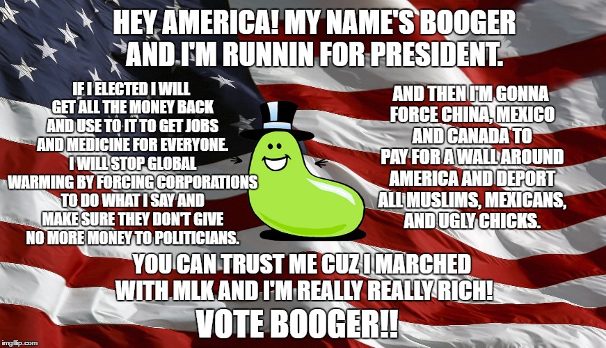 Booger 2016! | IF I ELECTED I WILL GET ALL THE MONEY BACK AND USE TO IT TO GET JOBS AND MEDICINE FOR EVERYONE. I WILL STOP GLOBAL WARMING BY FORCING CORPORATIONS TO DO WHAT I SAY AND MAKE SURE THEY DON'T GIVE NO MORE MONEY TO POLITICIANS. HEY AMERICA! MY NAME'S BOOGER AND I'M RUNNIN FOR PRESIDENT. AND THEN I'M GONNA FORCE CHINA, MEXICO AND CANADA TO PAY FOR A WALL AROUND AMERICA AND DEPORT ALL MUSLIMS, MEXICANS, AND UGLY CHICKS. YOU CAN TRUST ME CUZ I MARCHED WITH MLK AND I'M REALLY REALLY RICH! VOTE BOOGER!! | image tagged in memes,vote,president,president 2016 | made w/ Imgflip meme maker