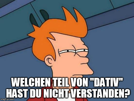 Futurama Fry Meme | WELCHEN TEIL VON "DATIV" HAST DU NICHT VERSTANDEN? | image tagged in memes,futurama fry | made w/ Imgflip meme maker