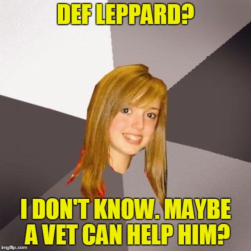 She's just trying to help | DEF LEPPARD? I DON'T KNOW. MAYBE A VET CAN HELP HIM? | image tagged in memes,musically oblivious 8th grader,def leppard | made w/ Imgflip meme maker