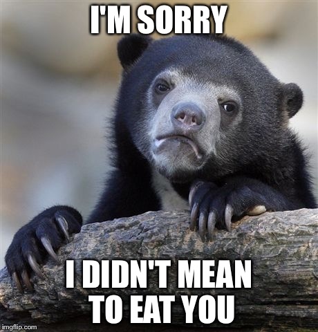 Confession Bear | I'M SORRY; I DIDN'T MEAN TO EAT YOU | image tagged in memes,confession bear | made w/ Imgflip meme maker