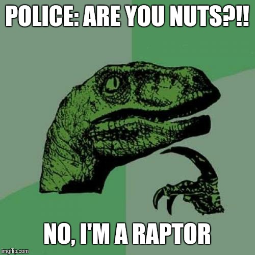 Philosoraptor Meme | POLICE: ARE YOU NUTS?!! NO, I'M A RAPTOR | image tagged in memes,philosoraptor | made w/ Imgflip meme maker