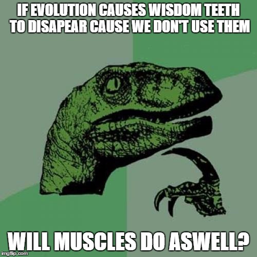 What a lazy world | IF EVOLUTION CAUSES WISDOM TEETH TO DISAPEAR CAUSE WE DON'T USE THEM; WILL MUSCLES DO ASWELL? | image tagged in memes,philosoraptor,evolution,lazy | made w/ Imgflip meme maker