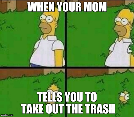 Homer Simpson Nope | WHEN YOUR MOM; TELLS YOU TO TAKE OUT THE TRASH | image tagged in homer simpson nope | made w/ Imgflip meme maker