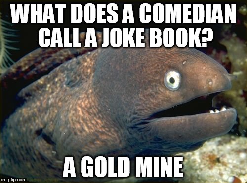 Bad Joke Eel Meme | WHAT DOES A COMEDIAN CALL A JOKE BOOK? A GOLD MINE | image tagged in memes,bad joke eel | made w/ Imgflip meme maker