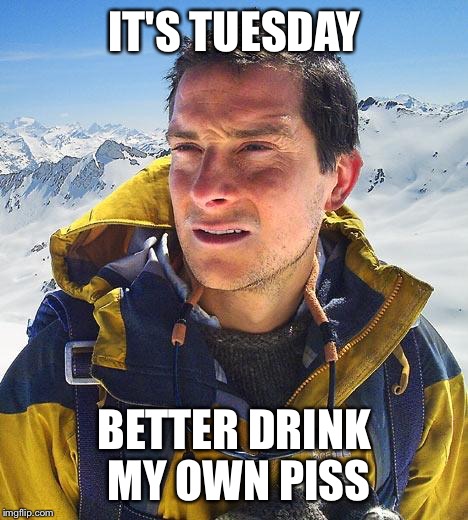 Bear Grylls |  IT'S TUESDAY; BETTER DRINK MY OWN PISS | image tagged in memes,bear grylls | made w/ Imgflip meme maker