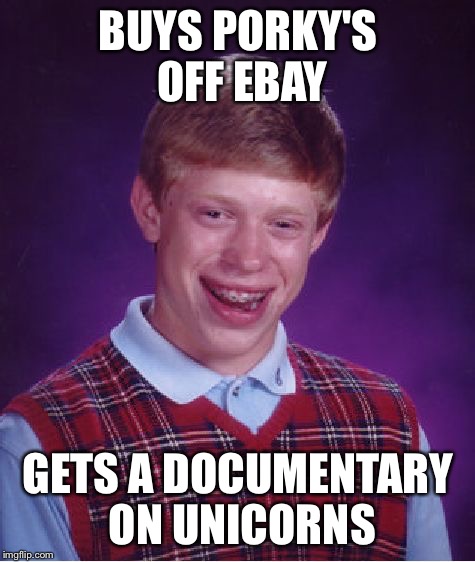I wonder how long it is | BUYS PORKY'S OFF EBAY; GETS A DOCUMENTARY ON UNICORNS | image tagged in memes,bad luck brian,porky's | made w/ Imgflip meme maker