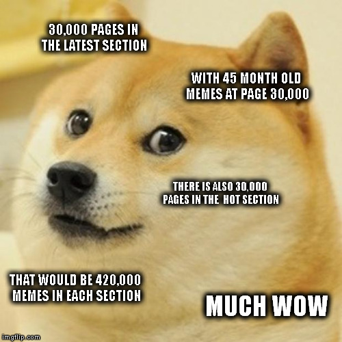 Almost a Million Memes Oh My | 30,000 PAGES IN THE LATEST SECTION; WITH 45 MONTH OLD MEMES AT PAGE 30,000; THERE IS ALSO 30,000 PAGES IN THE  HOT SECTION; THAT WOULD BE 420,000 MEMES IN EACH SECTION; MUCH WOW | image tagged in memes,doge | made w/ Imgflip meme maker