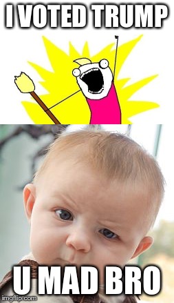 When someone tells me who they voted for  | I VOTED TRUMP; U MAD BRO | image tagged in x all the y,skeptical baby | made w/ Imgflip meme maker