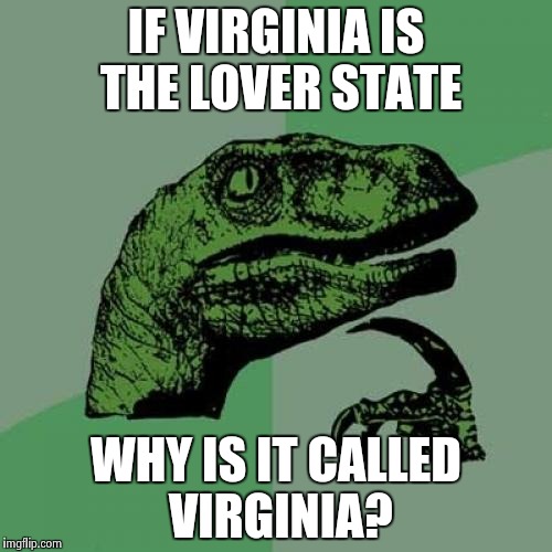 Philosoraptor | IF VIRGINIA IS THE LOVER STATE; WHY IS IT CALLED VIRGINIA? | image tagged in memes,philosoraptor | made w/ Imgflip meme maker