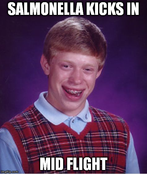 Bad Luck Brian Meme | SALMONELLA KICKS IN MID FLIGHT | image tagged in memes,bad luck brian | made w/ Imgflip meme maker