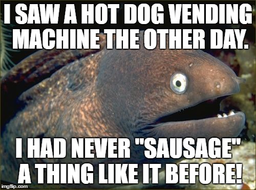 Bad Joke Eel | I SAW A HOT DOG VENDING MACHINE THE OTHER DAY. I HAD NEVER "SAUSAGE" A THING LIKE IT BEFORE! | image tagged in memes,bad joke eel | made w/ Imgflip meme maker