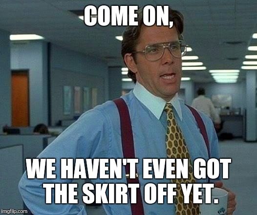 That Would Be Great Meme | COME ON, WE HAVEN'T EVEN GOT THE SKIRT OFF YET. | image tagged in memes,that would be great | made w/ Imgflip meme maker
