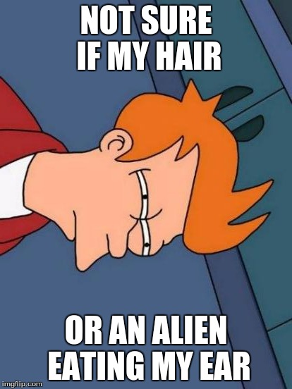 Futurama Fry | NOT SURE IF MY HAIR; OR AN ALIEN EATING MY EAR | image tagged in memes,futurama fry | made w/ Imgflip meme maker