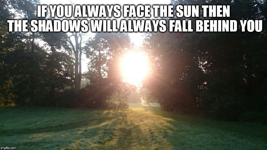 Face the sun | IF YOU ALWAYS FACE THE SUN THEN THE SHADOWS WILL ALWAYS FALL BEHIND YOU | image tagged in inspire | made w/ Imgflip meme maker
