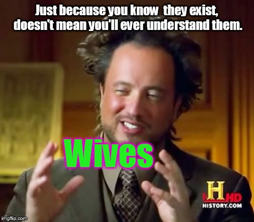 Ancient knowledge tells us... | Just because you know  they exist, doesn't mean you'll ever understand them. Wives | image tagged in memes,ancient aliens,funny,real housewives | made w/ Imgflip meme maker