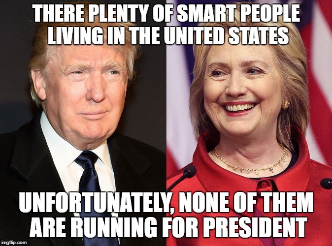 Trump-Hillary | THERE PLENTY OF SMART PEOPLE LIVING IN THE UNITED STATES; UNFORTUNATELY, NONE OF THEM ARE RUNNING FOR PRESIDENT | image tagged in trump-hillary | made w/ Imgflip meme maker