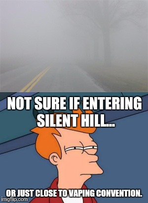 Futurama Fry | NOT SURE IF ENTERING SILENT HILL... OR JUST CLOSE TO VAPING CONVENTION. | image tagged in futurama fry,silent hill,memes | made w/ Imgflip meme maker