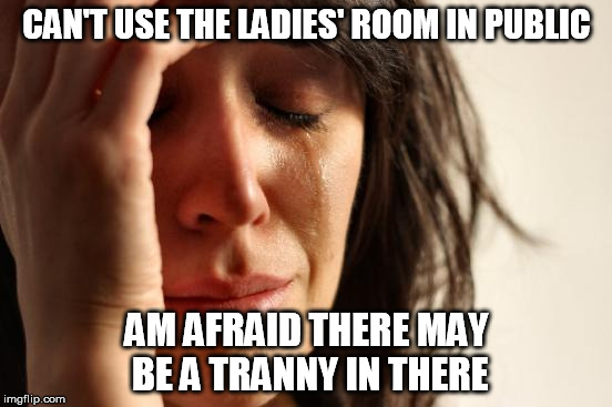 First World Bathroom Problems | CAN'T USE THE LADIES' ROOM IN PUBLIC; AM AFRAID THERE MAY BE A TRANNY IN THERE | image tagged in memes,first world problems,transgender bathroom,fear | made w/ Imgflip meme maker