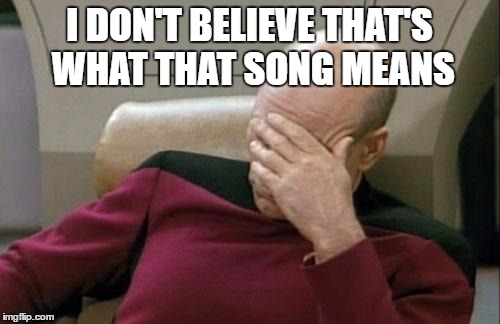 Captain Picard Facepalm Meme | I DON'T BELIEVE THAT'S WHAT THAT SONG MEANS | image tagged in memes,captain picard facepalm | made w/ Imgflip meme maker