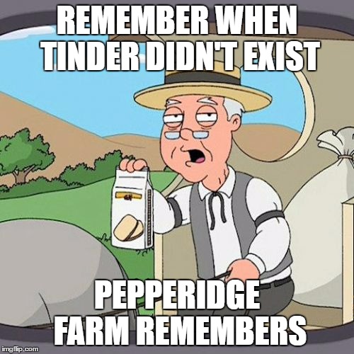 Pepperidge Farm Remembers | REMEMBER WHEN TINDER DIDN'T EXIST; PEPPERIDGE FARM REMEMBERS | image tagged in memes,pepperidge farm remembers | made w/ Imgflip meme maker