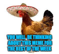 chicken in a sombrero | YOU WILL  BE THINKING ABOUT THIS MEME FOR THE REST OF THE WEEK | image tagged in chicken,sombrero | made w/ Imgflip meme maker