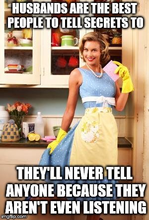 I can tell my best friend anything | HUSBANDS ARE THE BEST PEOPLE TO TELL SECRETS TO; THEY'LL NEVER TELL ANYONE BECAUSE THEY AREN'T EVEN LISTENING | image tagged in happy house wife | made w/ Imgflip meme maker
