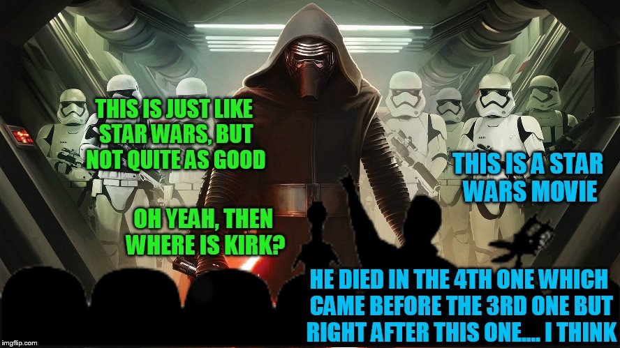 These MST3K are getting around lately :) | THIS IS JUST LIKE STAR WARS, BUT NOT QUITE AS GOOD; THIS IS A STAR WARS MOVIE; OH YEAH, THEN WHERE IS KIRK? HE DIED IN THE 4TH ONE WHICH CAME BEFORE THE 3RD ONE BUT RIGHT AFTER THIS ONE.... I THINK | image tagged in memes,funny,star wars,tom servo | made w/ Imgflip meme maker