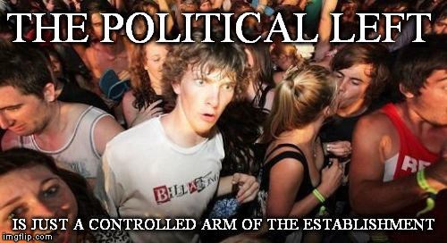 Sudden Clarity Clarence | THE POLITICAL LEFT; IS JUST A CONTROLLED ARM OF THE ESTABLISHMENT | image tagged in memes,sudden clarity clarence | made w/ Imgflip meme maker