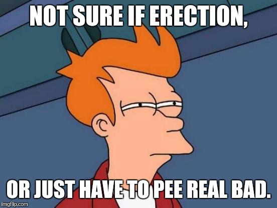 Futurama Fry | NOT SURE IF ERECTION, OR JUST HAVE TO PEE REAL BAD. | image tagged in memes,futurama fry | made w/ Imgflip meme maker