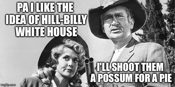 Beverly Hillbillies | PA I LIKE THE IDEA OF HILL-BILLY WHITE HOUSE I'LL SHOOT THEM A POSSUM FOR A PIE | image tagged in beverly hillbillies | made w/ Imgflip meme maker