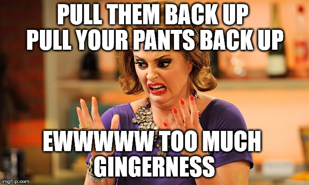 gingerness | PULL THEM BACK UP PULL YOUR PANTS BACK UP; EWWWWW TOO MUCH GINGERNESS | image tagged in funny memes | made w/ Imgflip meme maker