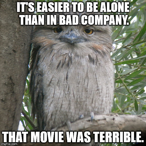 Wise Advice Potoo | IT'S EASIER TO BE ALONE THAN IN BAD COMPANY. THAT MOVIE WAS TERRIBLE. | image tagged in wise advice potoo | made w/ Imgflip meme maker