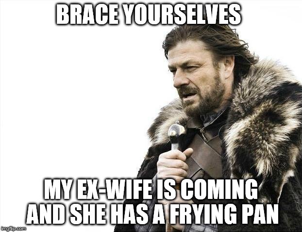 Brace Yourselves X is Coming | BRACE YOURSELVES; MY EX-WIFE IS COMING AND SHE HAS A FRYING PAN | image tagged in memes,brace yourselves x is coming | made w/ Imgflip meme maker