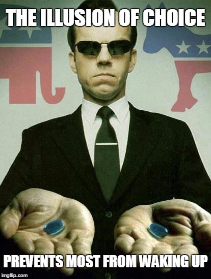 They both work for the same corporations! | THE ILLUSION OF CHOICE; PREVENTS MOST FROM WAKING UP | image tagged in agent smith,choice,political memes | made w/ Imgflip meme maker