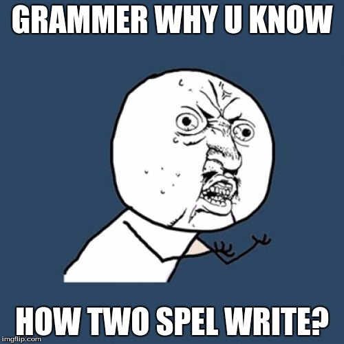 Y U No Meme | GRAMMER WHY U KNOW; HOW TWO SPEL WRITE? | image tagged in memes,y u no | made w/ Imgflip meme maker