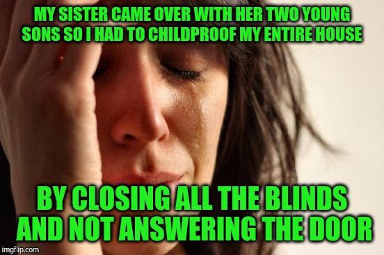 First World Problems Meme | MY SISTER CAME OVER WITH HER TWO YOUNG SONS SO I HAD TO CHILDPROOF MY ENTIRE HOUSE; BY CLOSING ALL THE BLINDS AND NOT ANSWERING THE DOOR | image tagged in memes,first world problems | made w/ Imgflip meme maker