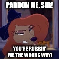 Pardon Me, Sir! | PARDON ME, SIR! YOU'RE RUBBIN' ME THE WRONG WAY! | image tagged in dixie,memes,disney,the fox and the hound 2,reba mcentire,sneering dixie | made w/ Imgflip meme maker
