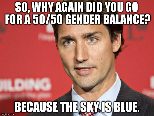 Trudeau | SO, WHY AGAIN DID YOU GO FOR A 50/50 GENDER BALANCE? BECAUSE THE SKY IS BLUE. | image tagged in trudeau | made w/ Imgflip meme maker