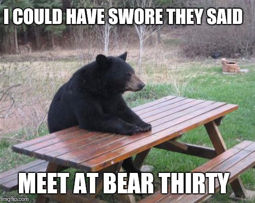 Bear Thirty | I COULD HAVE SWORE THEY SAID; MEET AT BEAR THIRTY | image tagged in memes,bad luck bear | made w/ Imgflip meme maker