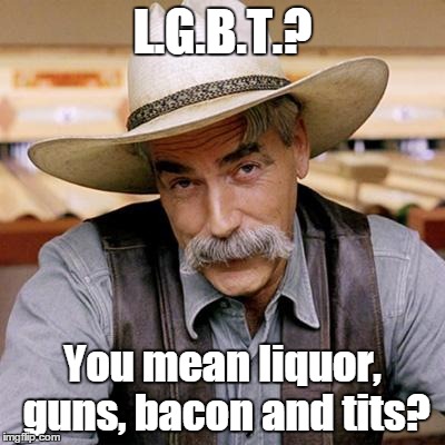 SARCASM COWBOY | L.G.B.T.? You mean liquor, guns, bacon and tits? | image tagged in sarcasm cowboy | made w/ Imgflip meme maker