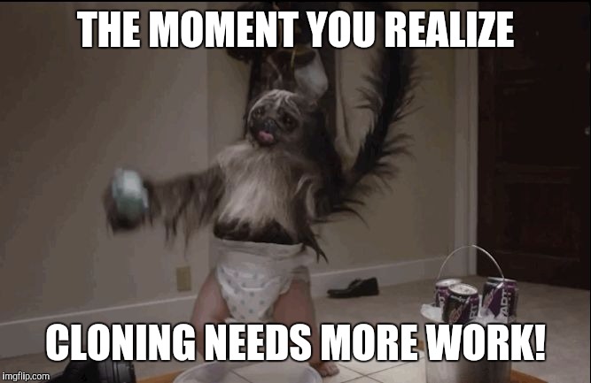 Puppy monkey baby  | THE MOMENT YOU REALIZE; CLONING NEEDS MORE WORK! | image tagged in puppy monkey baby | made w/ Imgflip meme maker