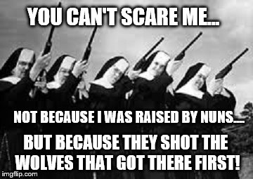 I've come for the nun that shot my paw! | YOU CAN'T SCARE ME... NOT BECAUSE I WAS RAISED BY NUNS.... BUT BECAUSE THEY SHOT THE WOLVES THAT GOT THERE FIRST! | image tagged in nuns,catholicism,funny memes,memes,religion | made w/ Imgflip meme maker