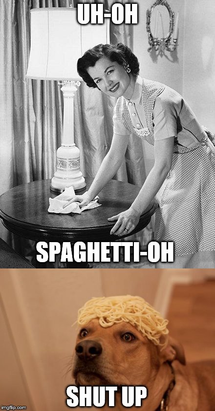 Uh-oh | UH-OH; SPAGHETTI-OH; SHUT UP | image tagged in mom,dog,spaghetti,spaghetti dog | made w/ Imgflip meme maker
