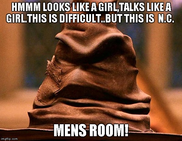Sorting Hat | HMMM LOOKS LIKE A GIRL,TALKS LIKE A GIRL.THIS IS DIFFICULT..BUT THIS IS  N.C. MENS ROOM! | image tagged in sorting hat | made w/ Imgflip meme maker