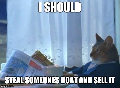 I Should Buy A Boat Cat Meme | I SHOULD; STEAL SOMEONES BOAT AND SELL IT | image tagged in memes,i should buy a boat cat | made w/ Imgflip meme maker
