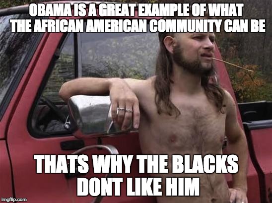 almost politically correct redneck red neck | OBAMA IS A GREAT EXAMPLE OF WHAT THE AFRICAN AMERICAN COMMUNITY CAN BE; THATS WHY THE BLACKS DONT LIKE HIM | image tagged in almost politically correct redneck red neck,AdviceAnimals | made w/ Imgflip meme maker