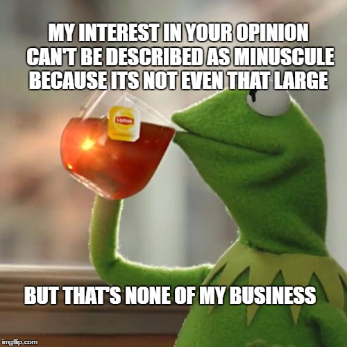 But That's None Of My Business | MY INTEREST IN YOUR OPINION CAN'T BE DESCRIBED AS MINUSCULE BECAUSE ITS NOT EVEN THAT LARGE; BUT THAT'S NONE OF MY BUSINESS | image tagged in memes,but thats none of my business,kermit the frog | made w/ Imgflip meme maker
